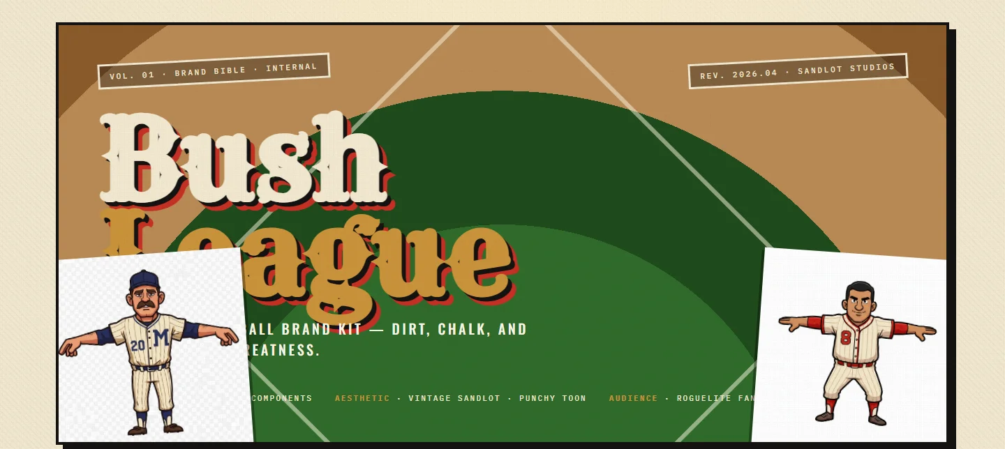 Bush League Baseball brand banner with vintage lettering and character mascots