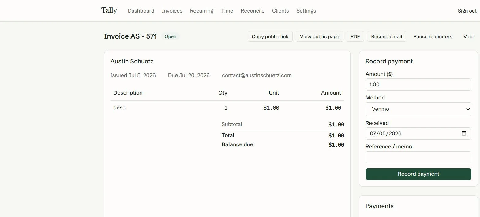 Tally admin invoice view with public-link, PDF and reminder controls plus a record-payment panel