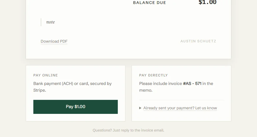 Tally hosted pay page offering Stripe card or ACH payment and direct-payment instructions