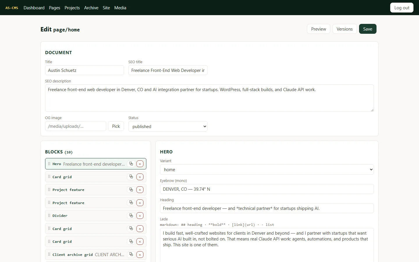 The CMS admin block editor, showing the block list and the Hero block's field form