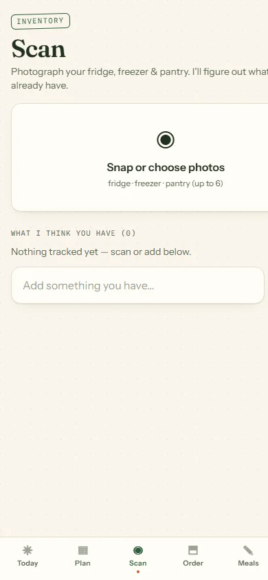 Scan view: photograph your fridge, freezer and pantry and AI vision builds the inventory
